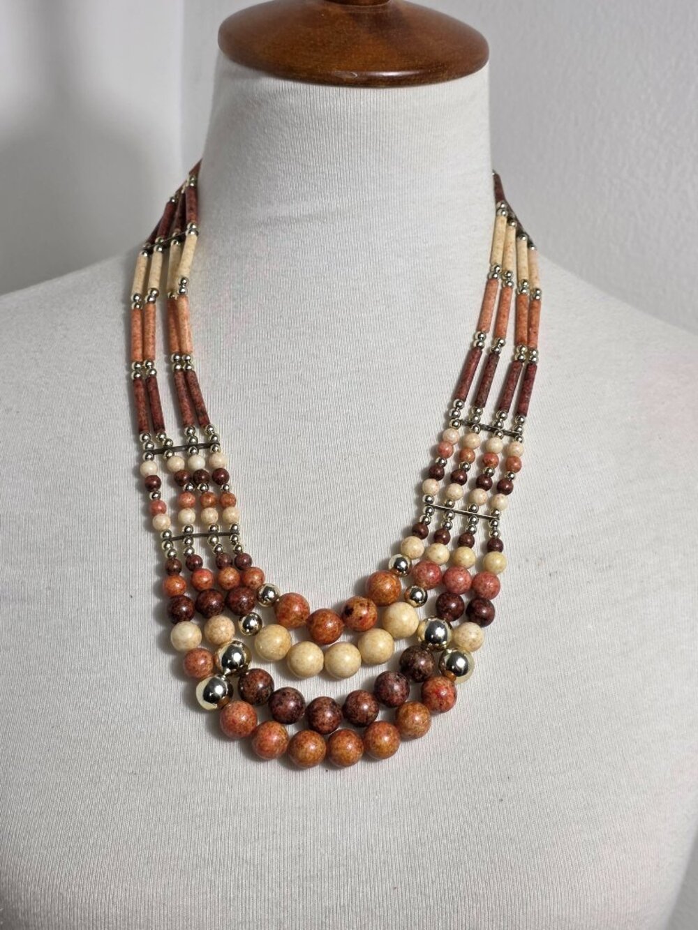 Multi-Strand Beaded Statement Necklace Earth-Tone Mix of Round & Tube Beads